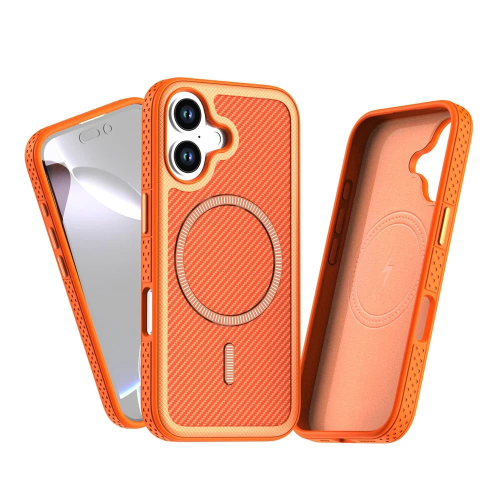 For iPhone 17 Magnetic Case Carbon Fiber Texture PC + TPU Phone Cover with Independent Button - Orange - 2