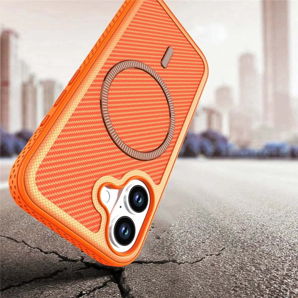 For iPhone 17 Magnetic Case Carbon Fiber Texture PC + TPU Phone Cover with Independent Button - Orange - 4