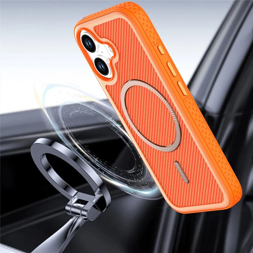 For iPhone 17 Magnetic Case Carbon Fiber Texture PC + TPU Phone Cover with Independent Button - Orange - 5