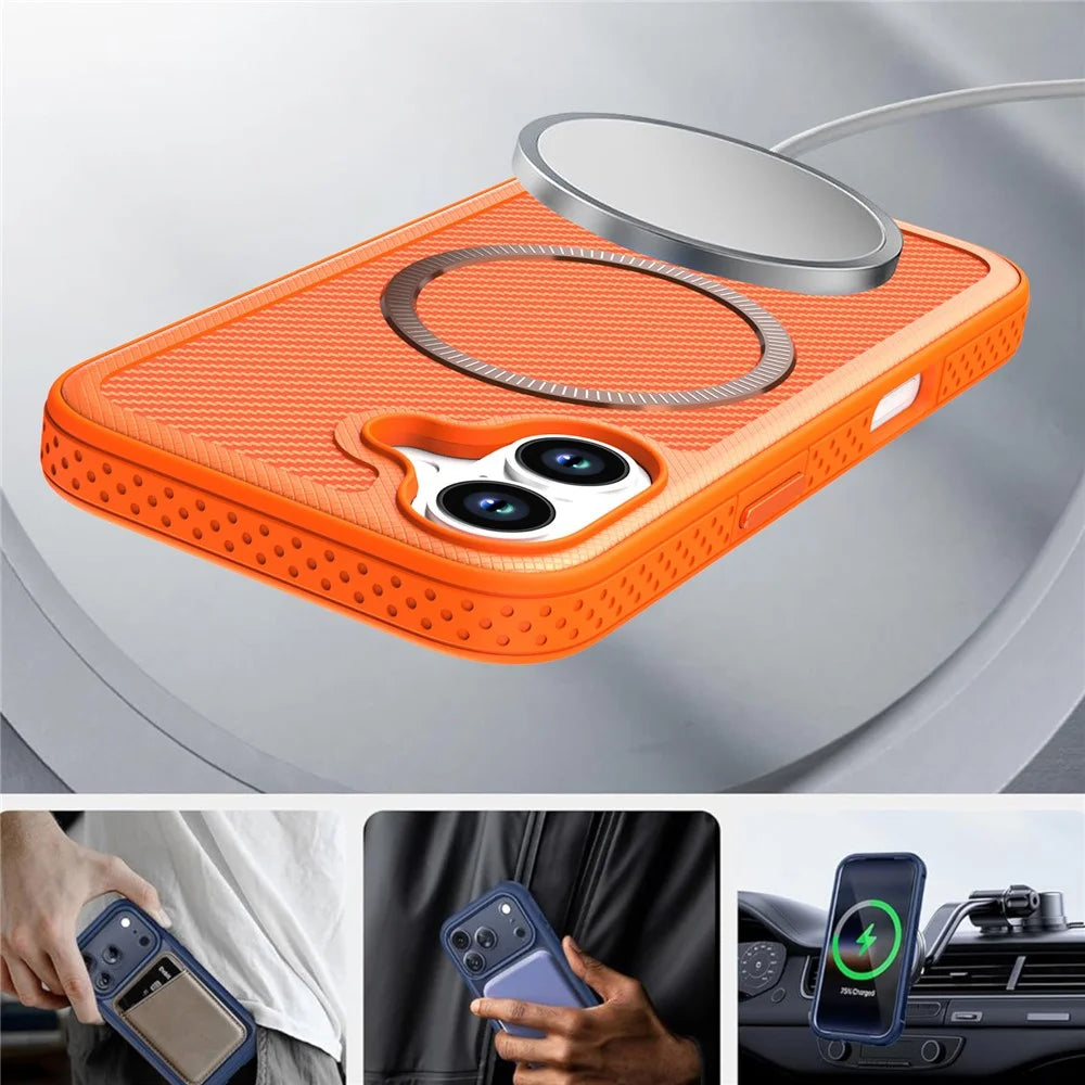 For iPhone 17 Magnetic Case Carbon Fiber Texture PC + TPU Phone Cover with Independent Button - Orange - 6