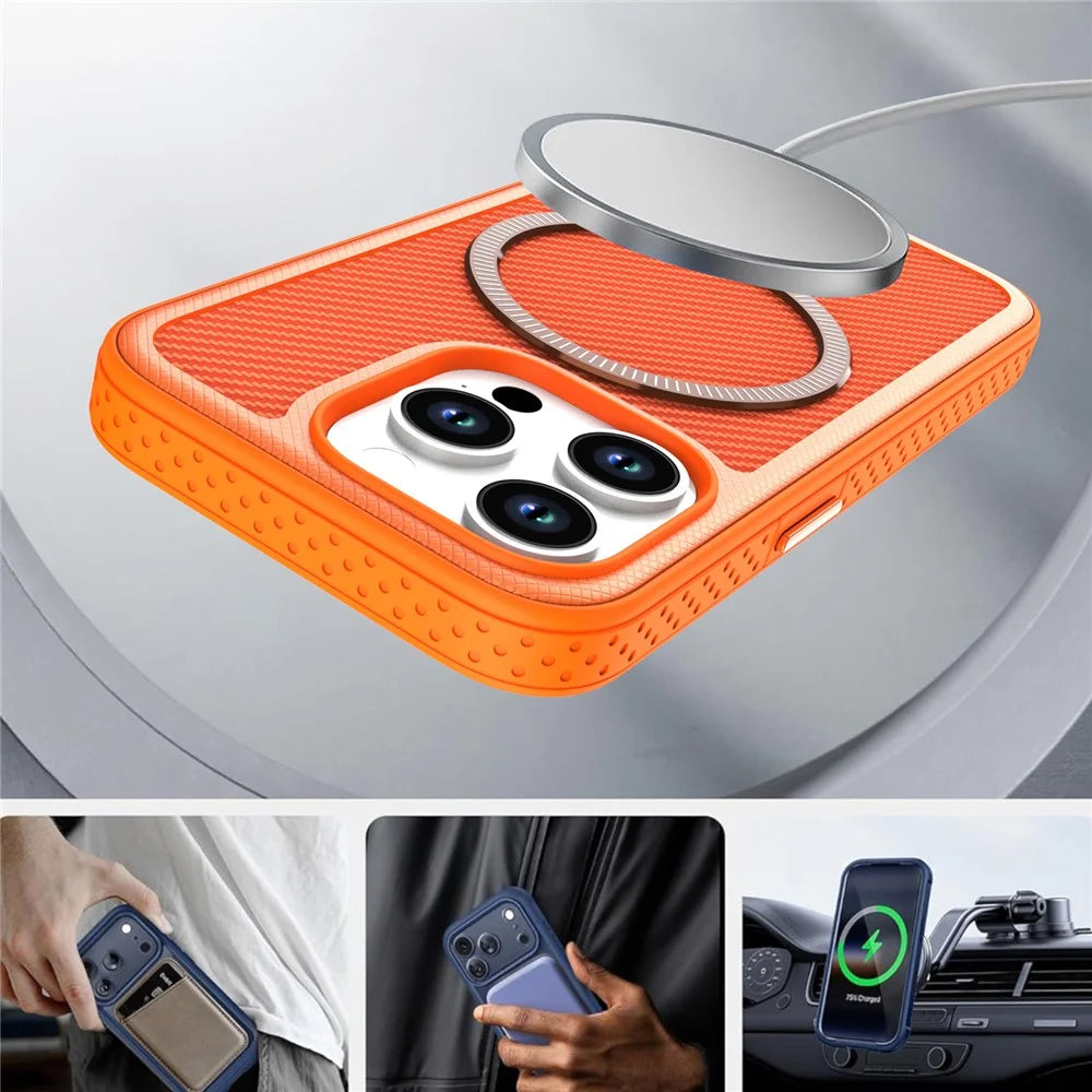 For iPhone 15 Pro Max Magnetic Case Carbon Fiber Texture PC + TPU Phone Cover with Independent Button - Orange - 6