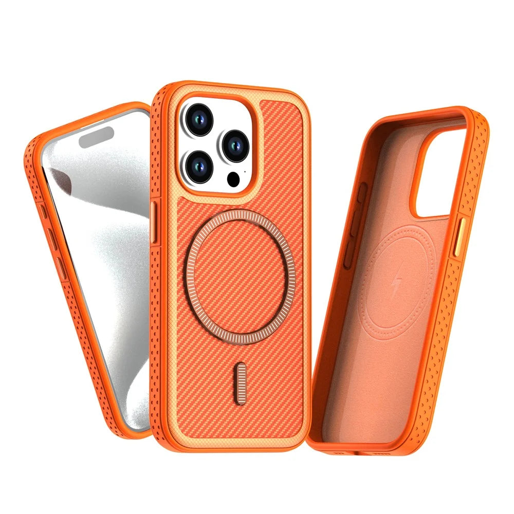 For iPhone 14 Pro Magnetic Case Carbon Fiber Texture PC + TPU Phone Cover with Independent Button - Orange - 2