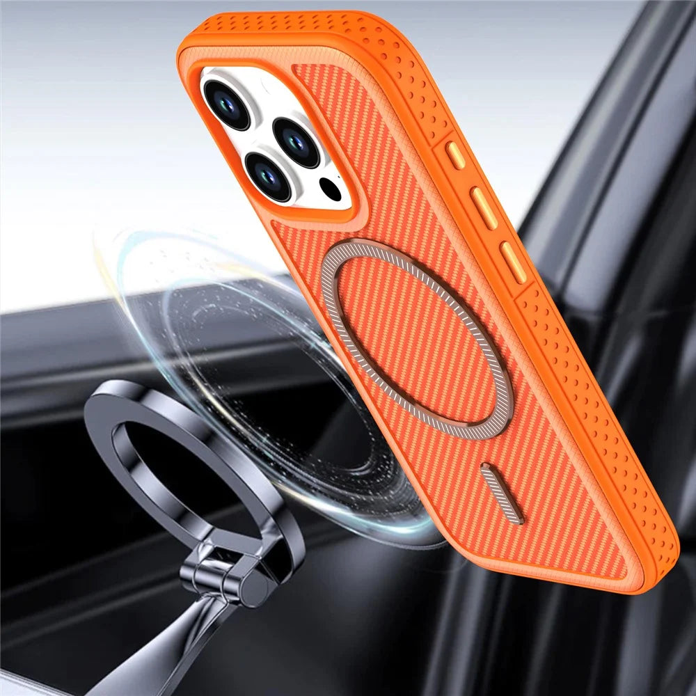 For iPhone 14 Pro Magnetic Case Carbon Fiber Texture PC + TPU Phone Cover with Independent Button - Orange - 5