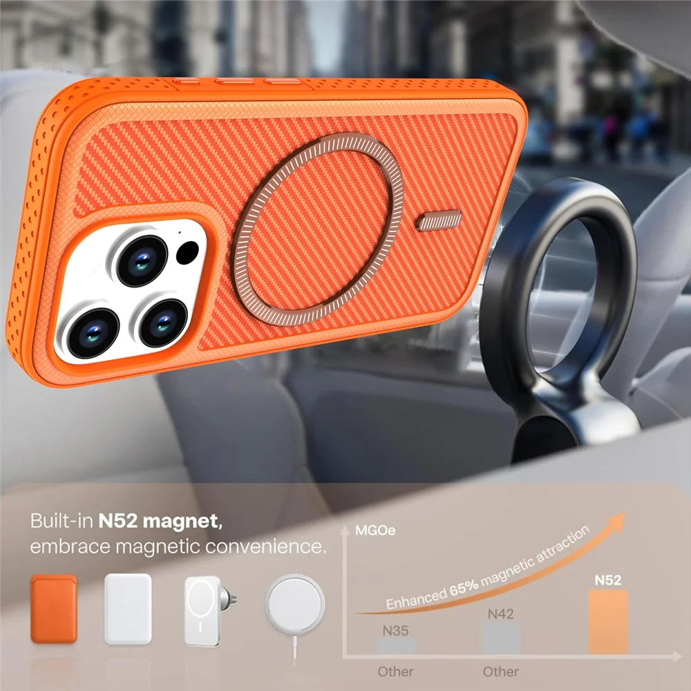 For iPhone 13 Pro Magnetic Case Carbon Fiber Texture PC + TPU Phone Cover with Independent Button - Orange - 3
