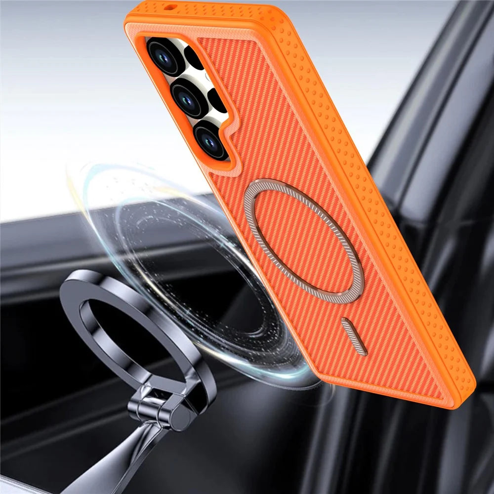 For Samsung Galaxy S24 Ultra Magnetic Case Carbon Fiber Texture PC + TPU Phone Cover with Independent Button - Orange - 5