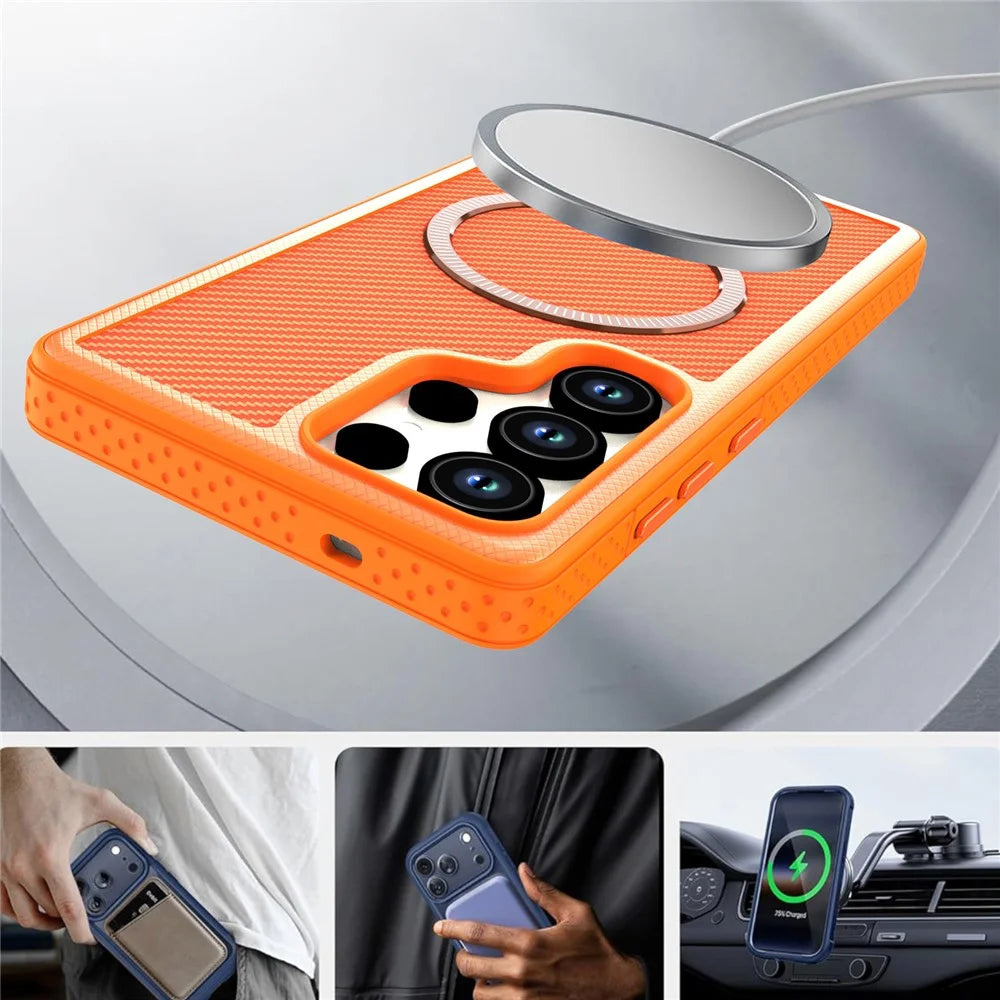 For Samsung Galaxy S24 Ultra Magnetic Case Carbon Fiber Texture PC + TPU Phone Cover with Independent Button - Orange - 6