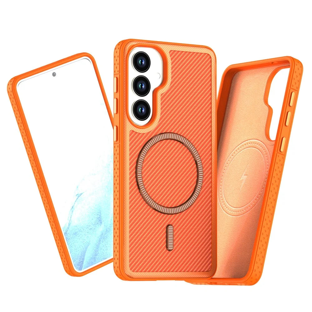 For Samsung Galaxy S26 Magnetic Case Carbon Fiber Texture PC + TPU Phone Cover with Independent Button - Orange - 2
