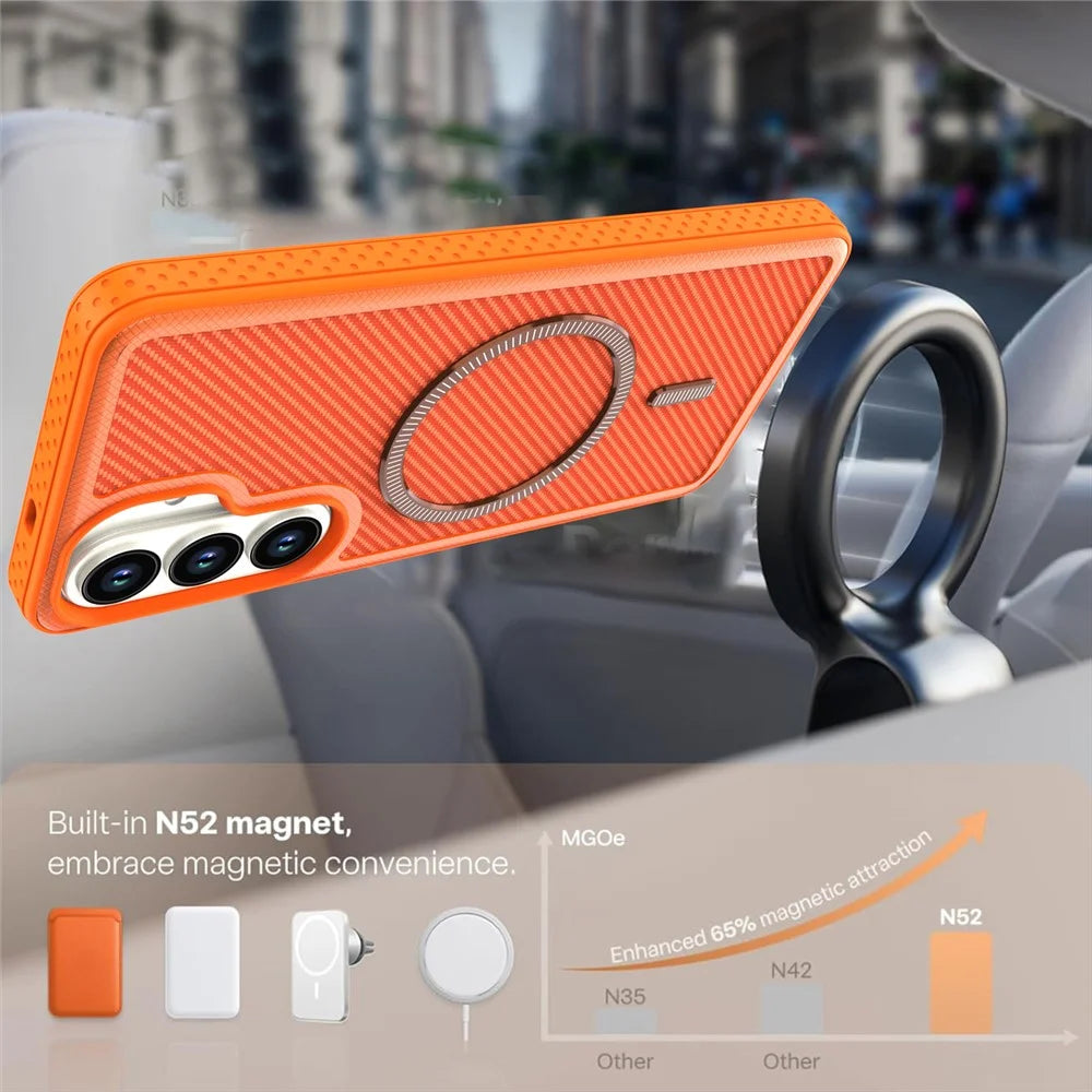 For Samsung Galaxy S26 Magnetic Case Carbon Fiber Texture PC + TPU Phone Cover with Independent Button - Orange - 3