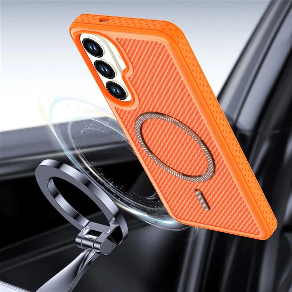 For Samsung Galaxy S26 Magnetic Case Carbon Fiber Texture PC + TPU Phone Cover with Independent Button - Orange - 5