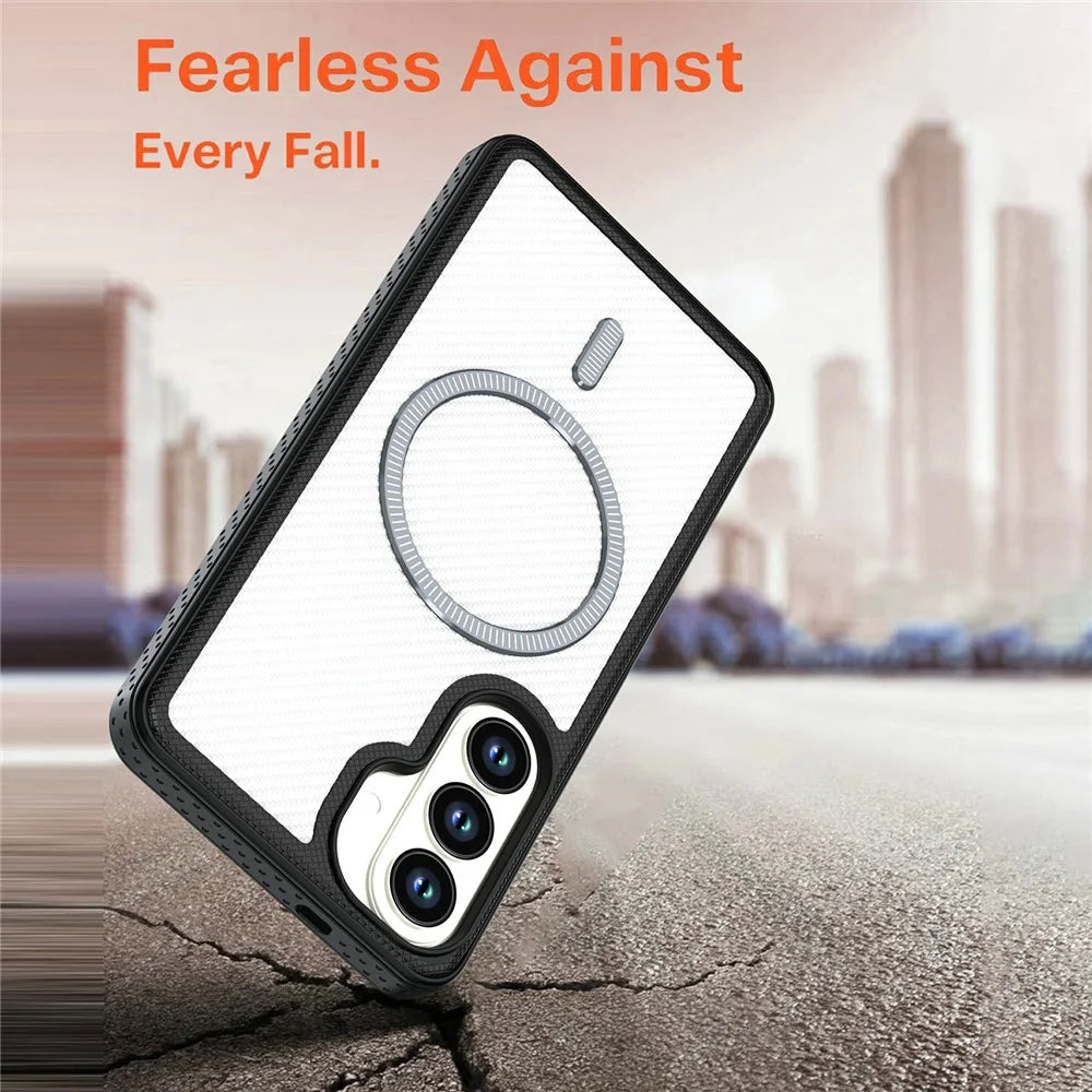 For Samsung Galaxy S26+ Magnetic Case Carbon Fiber Texture PC + TPU Phone Cover with Independent Button - White - 3