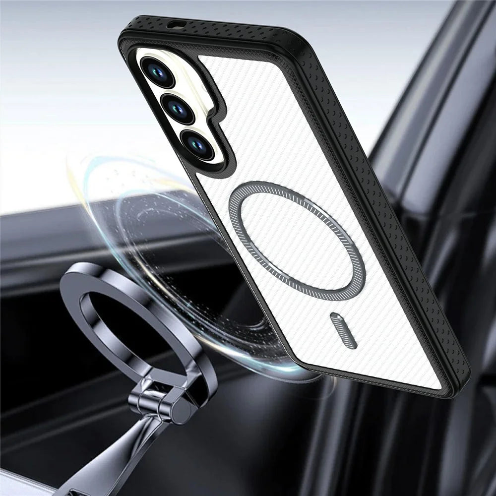 For Samsung Galaxy S26+ Magnetic Case Carbon Fiber Texture PC + TPU Phone Cover with Independent Button - White - 6