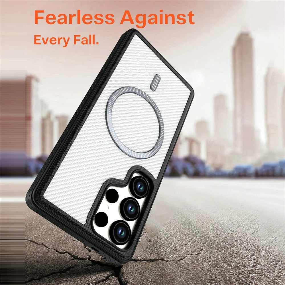 For Samsung Galaxy S26 Ultra Magnetic Case Carbon Fiber Texture PC + TPU Phone Cover with Independent Button - White - 3