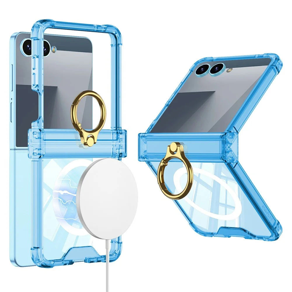 GKK For Samsung Galaxy Z Flip8 Magnetic Case Ring Kickstand TPU Airbag Shockproof Phone Cover with Back Film - Blue - 1