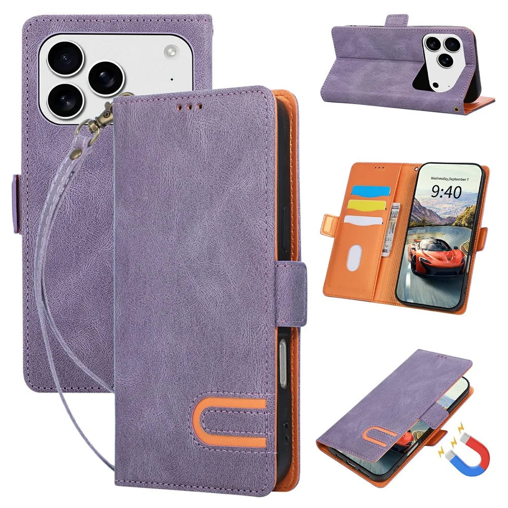 For iPhone 17 Pro  /  18 Pro Case U-Shape Decoration Magnetic Side Clasp Wallet Leather Phone Cover with Wrist Strap - Purple - 1