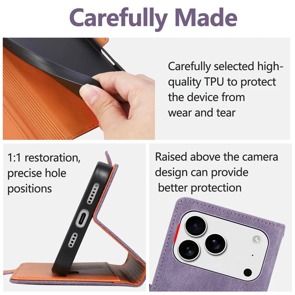 For iPhone 17 Pro  /  18 Pro Case U-Shape Decoration Magnetic Side Clasp Wallet Leather Phone Cover with Wrist Strap - Purple - 6