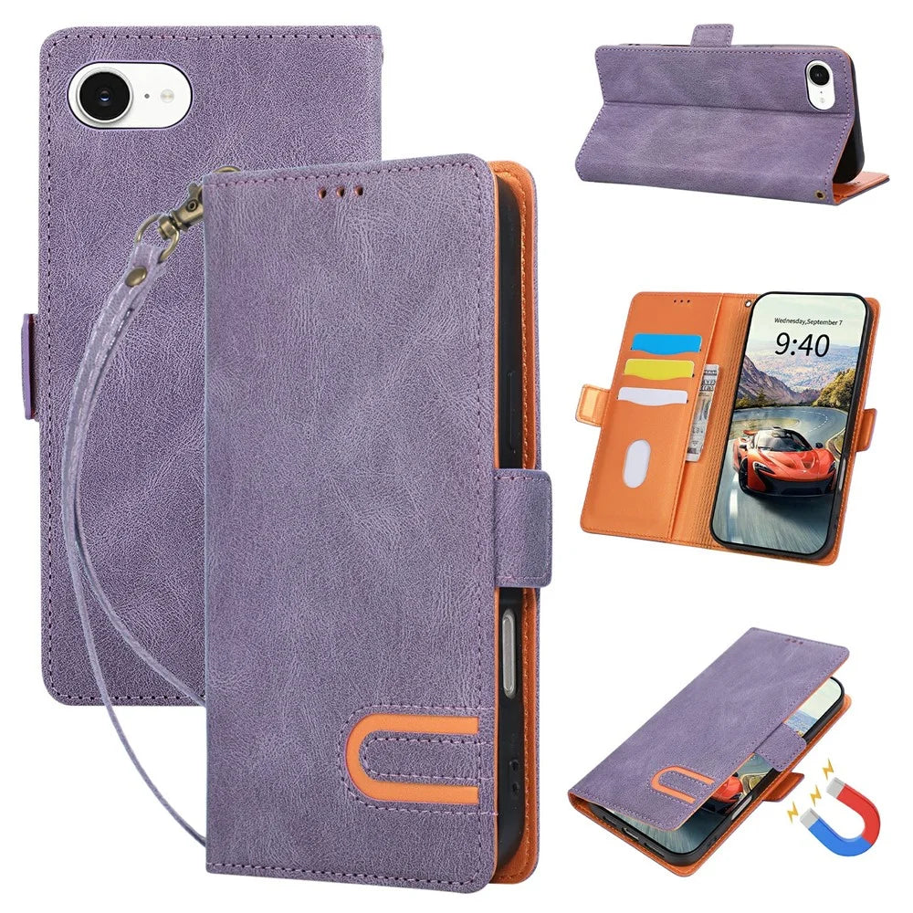 For iPhone 17e  /  16e Case U-Shape Decoration Magnetic Side Clasp Wallet Leather Phone Cover with Wrist Strap - Purple - 1