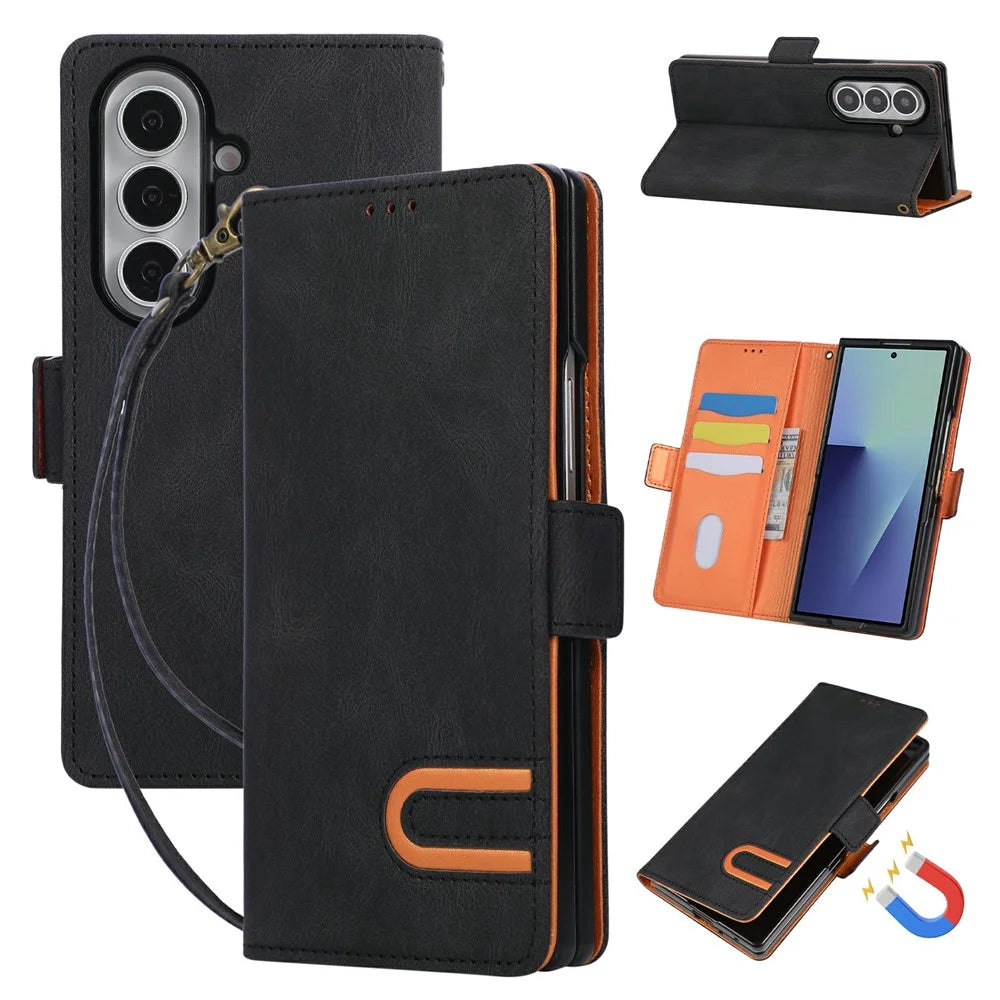 For Samsung Galaxy Z Fold7 5G Case U-Shape Decoration Magnetic Side Clasp Wallet Leather Phone Cover with Wrist Strap - Black - 1