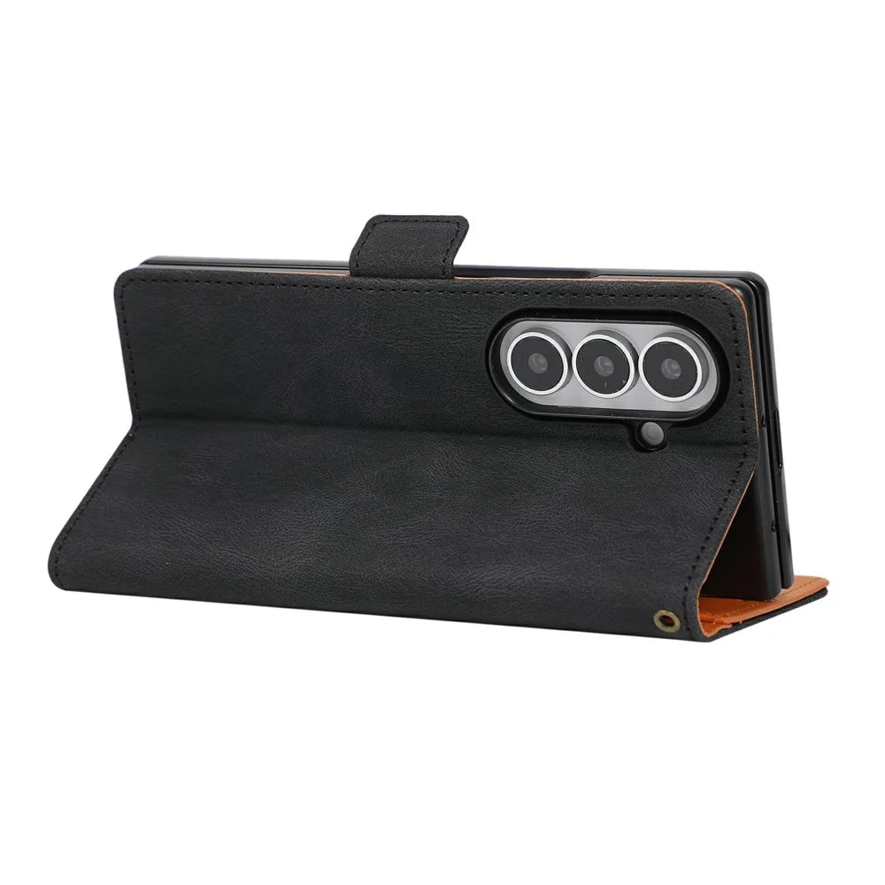 For Samsung Galaxy Z Fold7 5G Case U-Shape Decoration Magnetic Side Clasp Wallet Leather Phone Cover with Wrist Strap - Black - 5