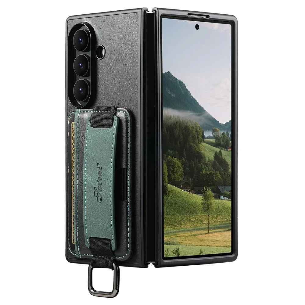 SUTENI H13 For Samsung Galaxy Z Fold8 Ultra Case Card Holder Wristband Waxy Texture Leather + TPU + PC Cover - Black - 4