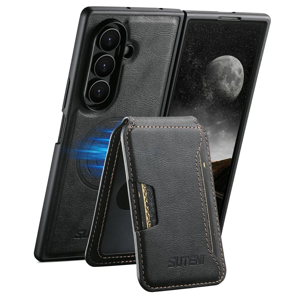 SUTENI M3 for Samsung Galaxy Z Fold8 Ultra Magnetic Case Cowhide Texture Leather + PC Phone Cover with Card Bag - Black - 3