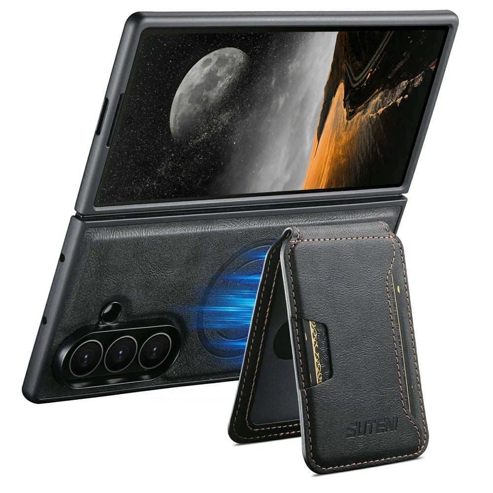 SUTENI M3 for Samsung Galaxy Z Fold8 Ultra Magnetic Case Cowhide Texture Leather + PC Phone Cover with Card Bag - Black - 4