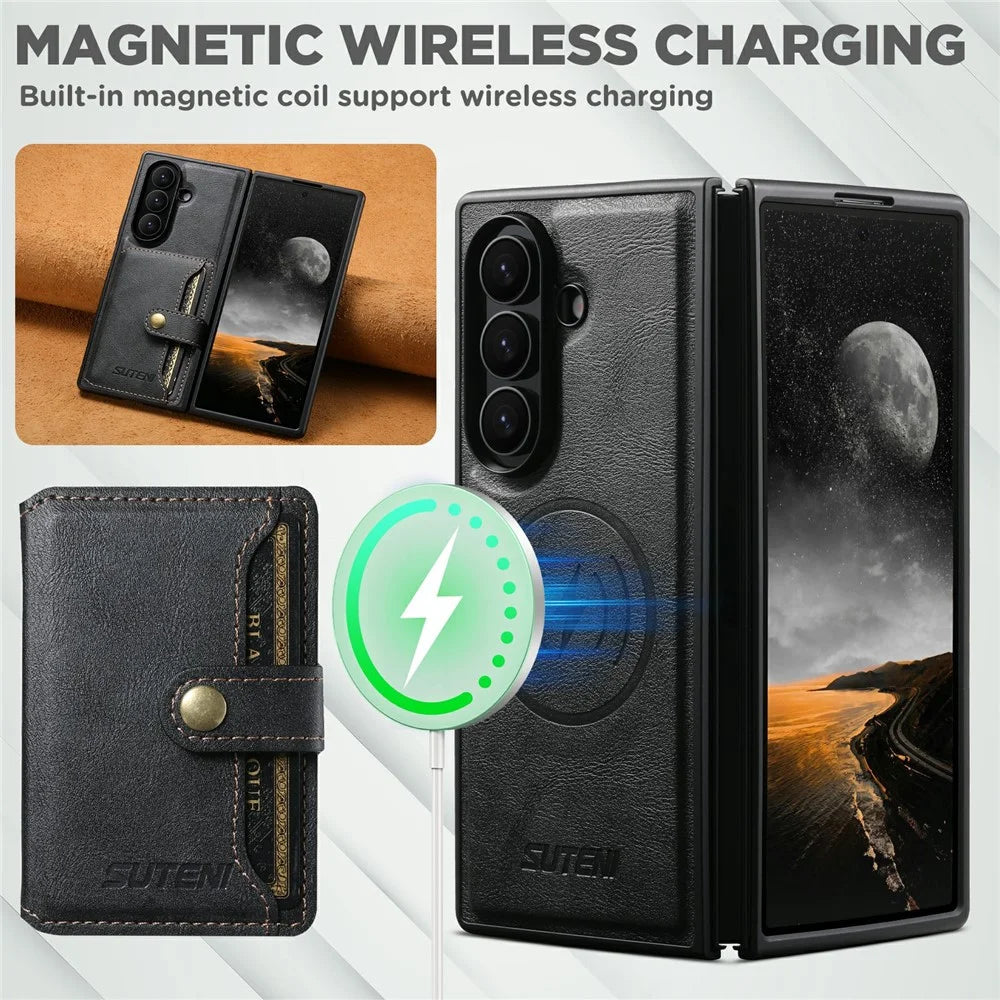 SUTENI M4 for Samsung Galaxy Z Fold8 Ultra Magnetic Case with Card Holder Cowhide Texture Leather + PC Back Cover - Black - 5