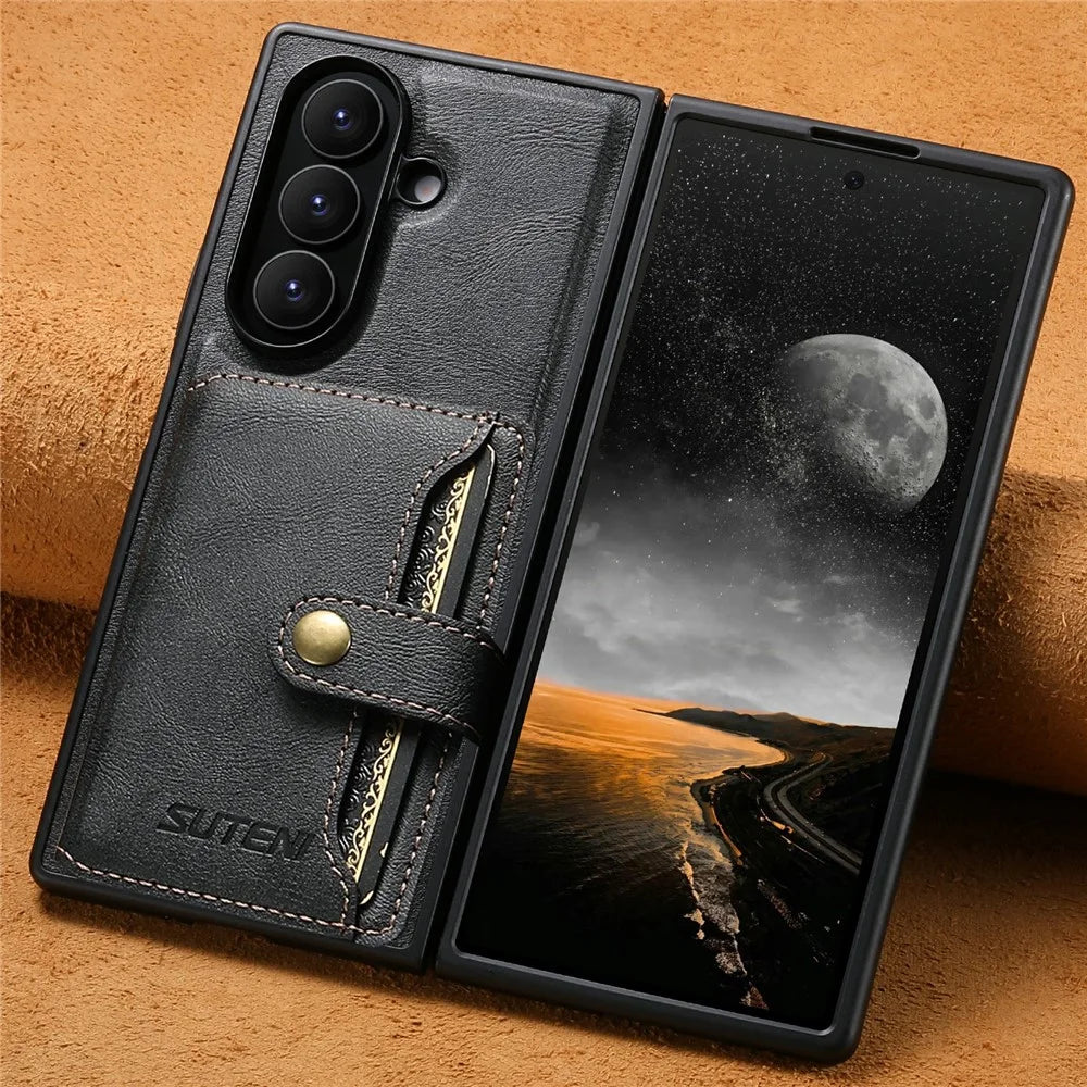 SUTENI M4 for Samsung Galaxy Z Fold8 Ultra Magnetic Case with Card Holder Cowhide Texture Leather + PC Back Cover - Black - 6