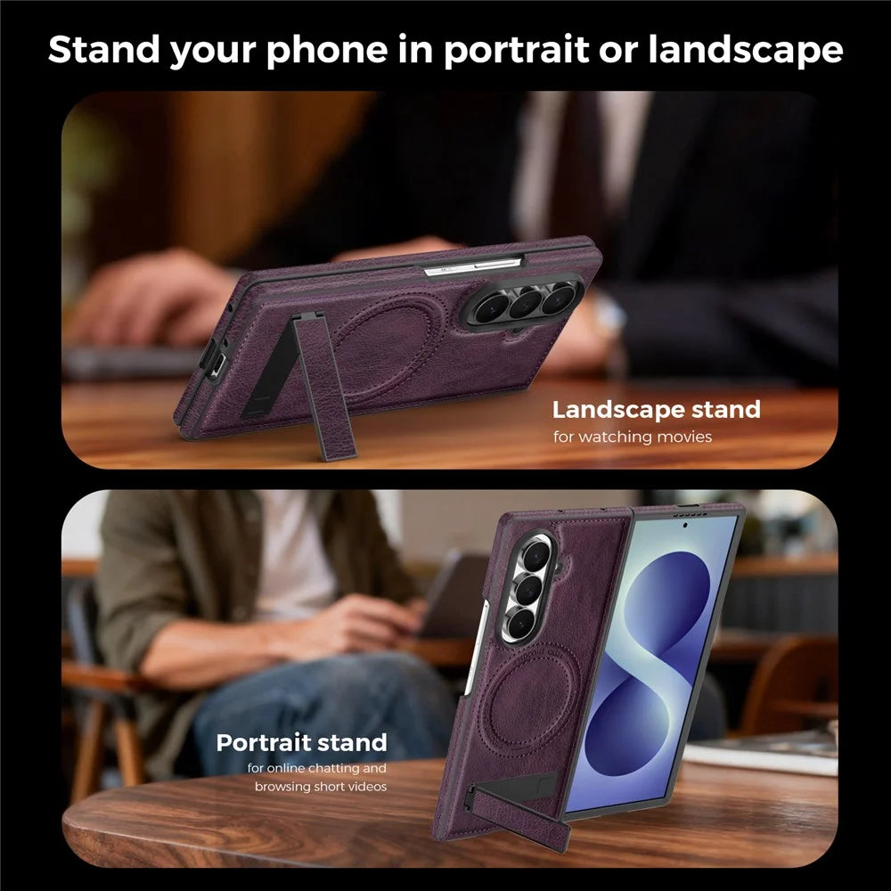 For Samsung Galaxy Z Fold8 Ultra Magnetic Case Kickstand PC Silicone Leather Phone Back Cover - Dark Purple - 7