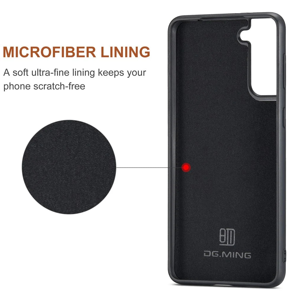 DG.MING For Samsung Galaxy S21 FE 5G Case PU Leather Covered PC + TPU Hybrid Phone Shell - Black - 5