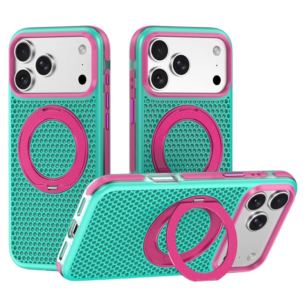 For iPhone 18 Pro Max / 17 Pro Max Color Block Magnetic Phone Case with Rotating Kickstand PC+TPU+TPE Cooling Honeycomb Phone Cover - Green - 1