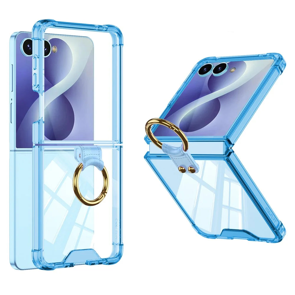 For Samsung Galaxy Z Flip8 Case Airbag Drop Proof TPU Phone Cover with Ring Kickstand - Transparent Blue - 1