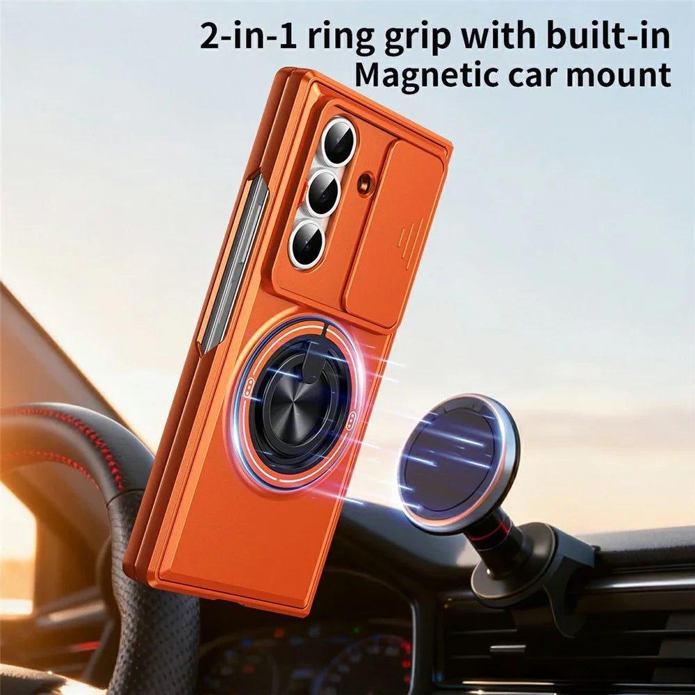 For Samsung Galaxy Z Fold8 Ultra Magnetic Case Ring Holder Foldable Kickstand PC Phone Cover with Camera Lens Slider - Orange - 2