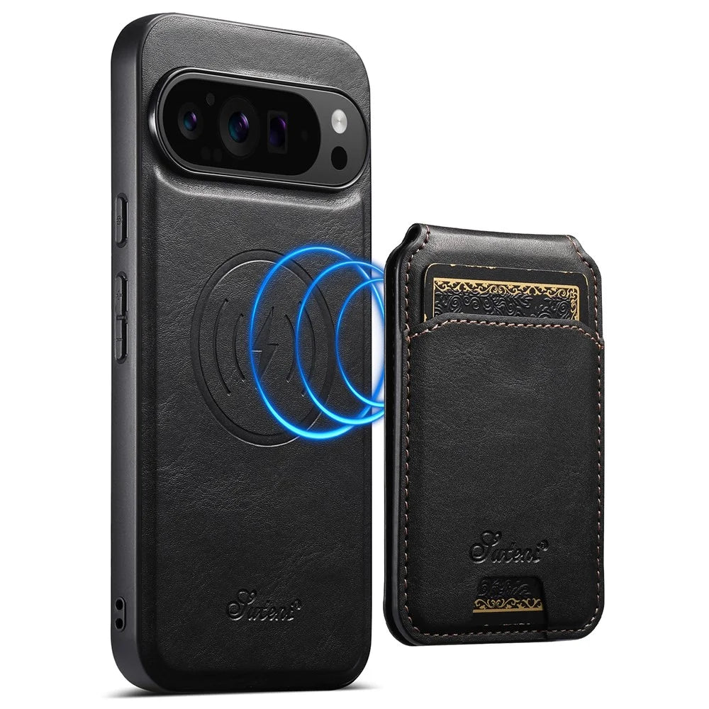 SUTENI H15 For Google Pixel 11 Pro Magnetic Case Detachable Card Holder Waxy Texture PU Leather TPU Phone Cover - Black - 1