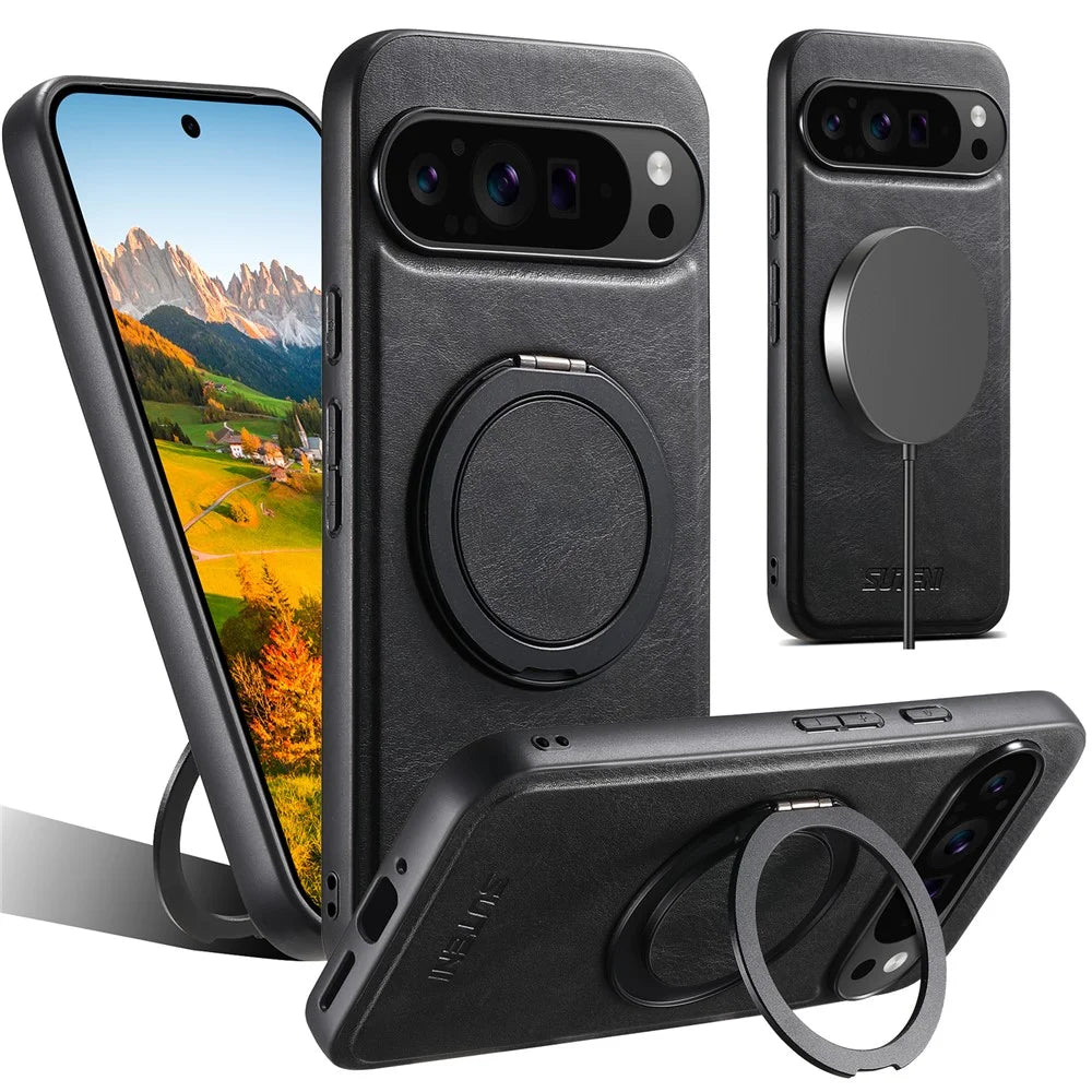 SUTENI G3 For Google Pixel 11 Magnetic Case Waxy Texture Rotating Kickstand Leather Phone Back Cover - Black - 1