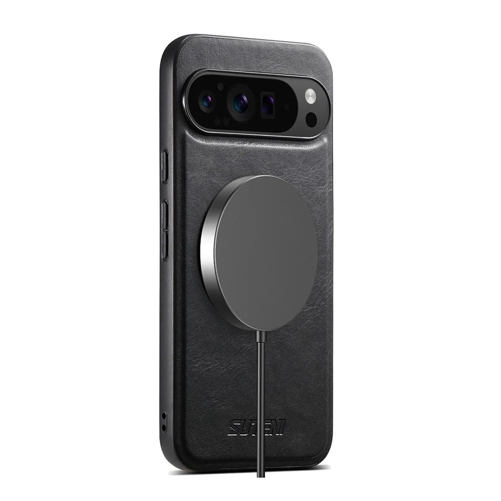 SUTENI G3 For Google Pixel 11 Pro XL Magnetic Case Waxy Texture Rotating Kickstand Leather Phone Back Cover - Black - 6