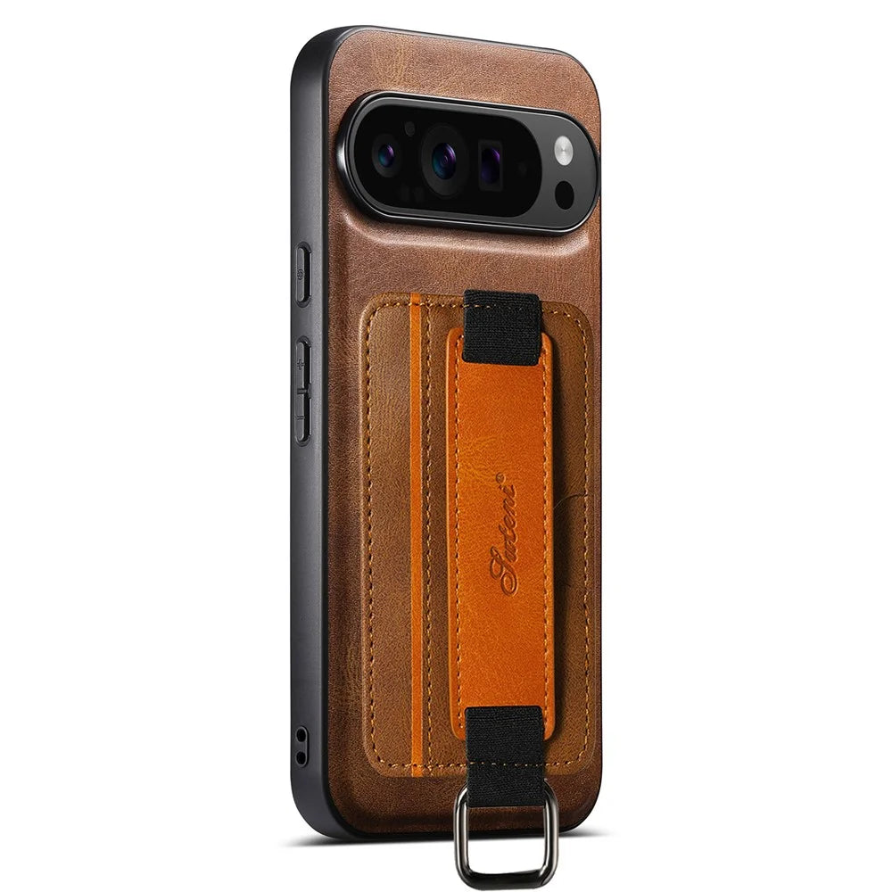 SUTENI H13 For Google Pixel 11 Case Card Holder Wristband Waxy Texture Leather + TPU + PC Cover - Brown - 2
