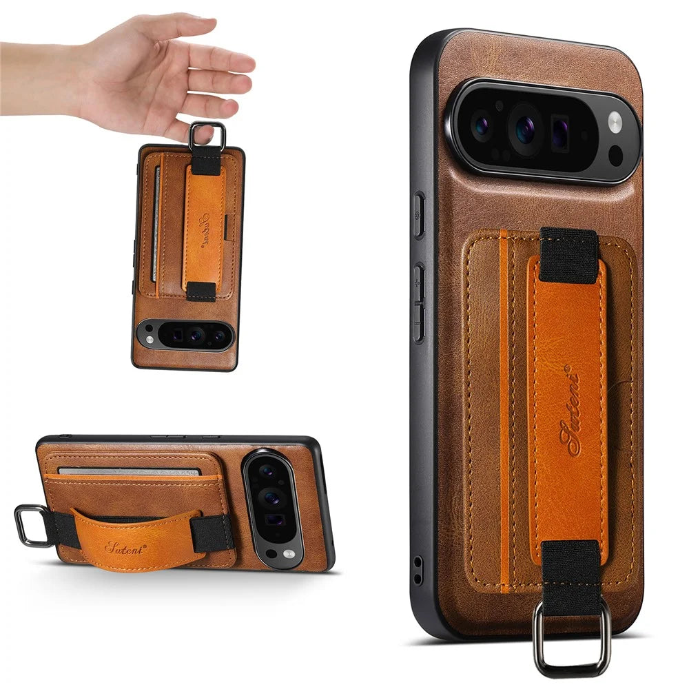 SUTENI H13 For Google Pixel 11 Pro Case Card Holder Wristband Waxy Texture Leather + TPU + PC Cover - Brown - 1