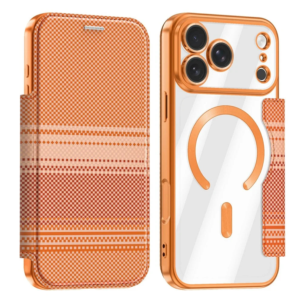 For iPhone 18 Pro Max Magnetic Case RFID Blocking Card Slots Leather Cover - Orange - 1