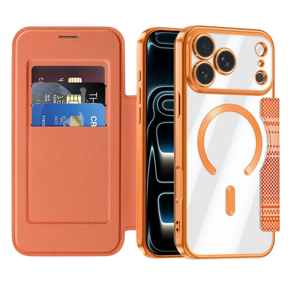 For iPhone 18 Pro Max Magnetic Case RFID Blocking Card Slots Leather Cover - Orange - 2