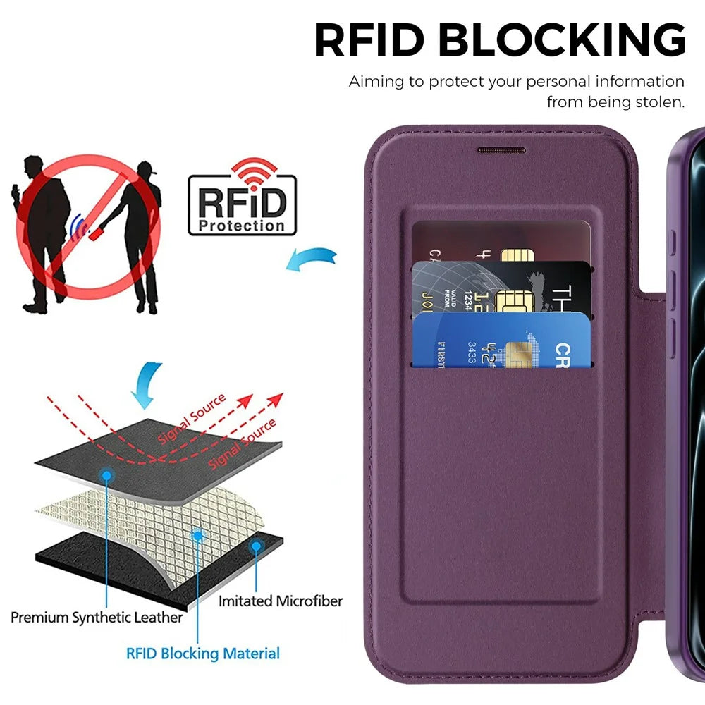 For iPhone 18 Pro Max Magnetic Case RFID Blocking Card Holder Rhombus PU Leather Phone Cover with Lens Film - Dark Purple - 5