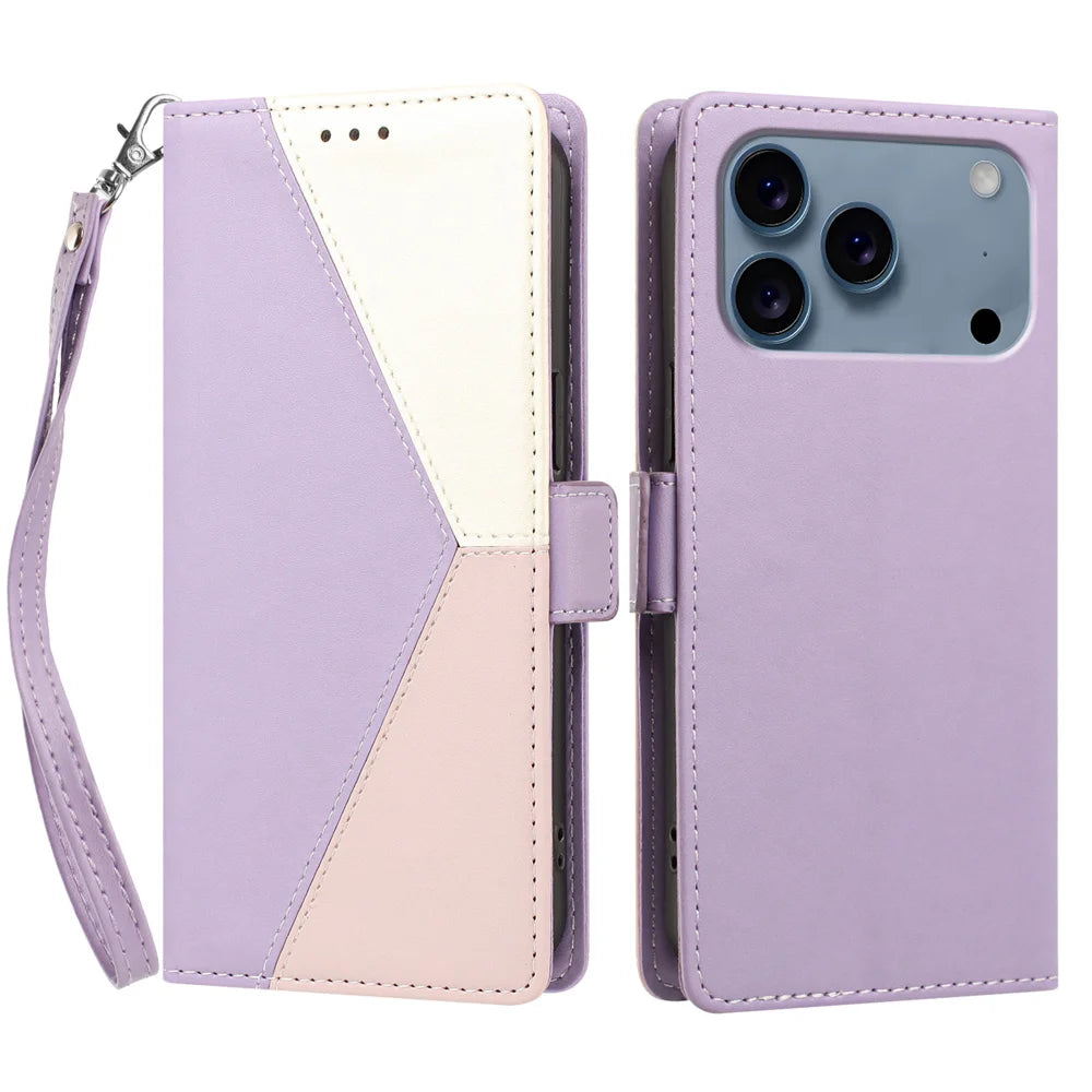 For iPhone 17 Pro / iPhone 18 Pro Case Color Stitching RFID Blocking Wallet Flip Leather Phone Cover with Wrist Strap - Light Purple - 1