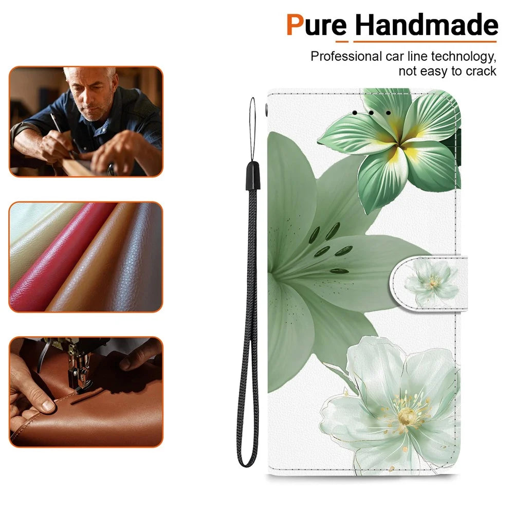 For iPhone 17e / 16e Case Pattern Printing PU Leather Wallet Flip Stand Phone Cover with Wrist Strap - Cyan Lily - 4