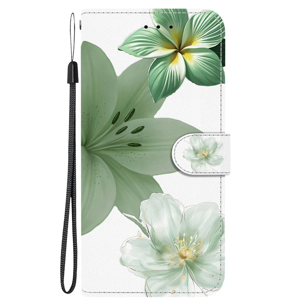 For iPhone 17e / 16e Case Pattern Printing PU Leather Wallet Flip Stand Phone Cover with Wrist Strap - Cyan Lily - 7
