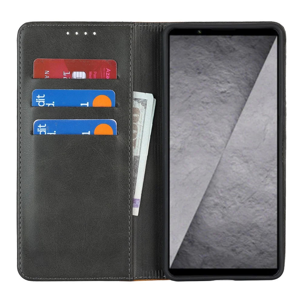 For Sony Xperia 1 VIII Case Calf Texture 3 Card Slots Color Splicing Leather Phone Cover - Black+Yellow - 2