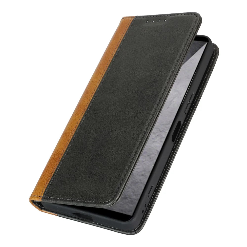 For Sony Xperia 1 VIII Case Calf Texture 3 Card Slots Color Splicing Leather Phone Cover - Black+Yellow - 6