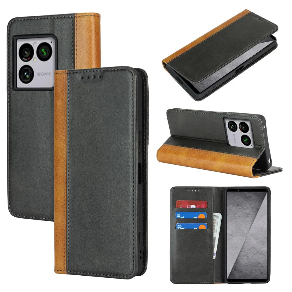 For Sony Xperia 1 VIII Case Calf Texture 3 Card Slots Color Splicing Leather Phone Cover - Black+Yellow - 7