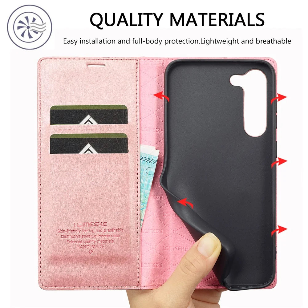 LC.IMEEKE For Samsung Galaxy S23+ Drop-proof PU Leather Folio Flip Case Wallet Stand Magnetic Auto-absorbed Cell Phone Cover - Pink - 6