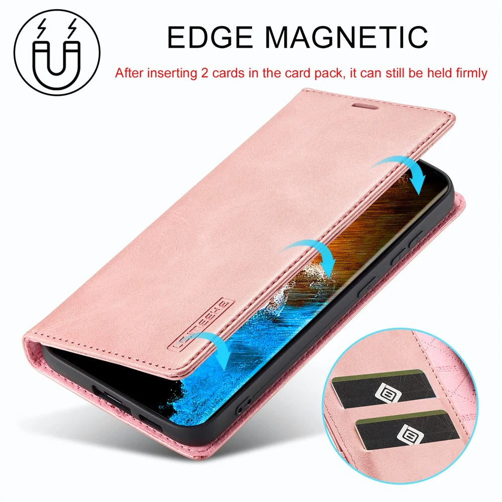 LC.IMEEKE For Samsung Galaxy S23+ Drop-proof PU Leather Folio Flip Case Wallet Stand Magnetic Auto-absorbed Cell Phone Cover - Pink - 7