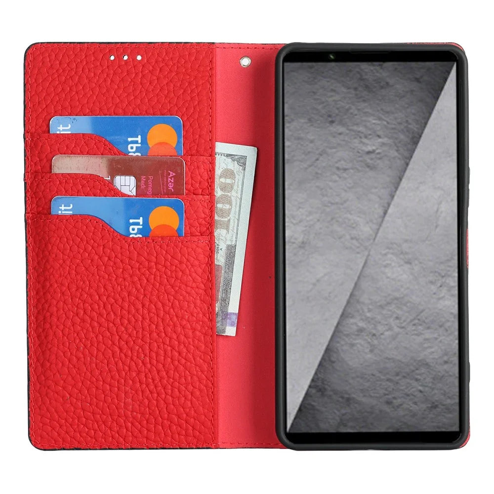 For Sony Xperia 1 VIII Wallet Case Genuine Cow Leather Phone Cover Litchi Texture - Black - 2