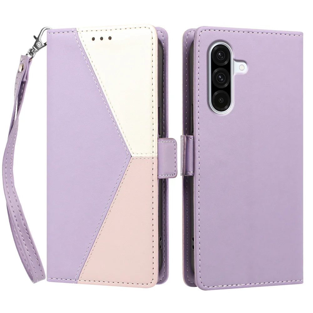 For Samsung Galaxy A36 5G / Galaxy A56 5G / Galaxy M56 5G / Galaxy A37 5G Case Color Stitching RFID Blocking Wallet Flip Leather Phone Cover with Wrist Strap - Light Purple - 1
